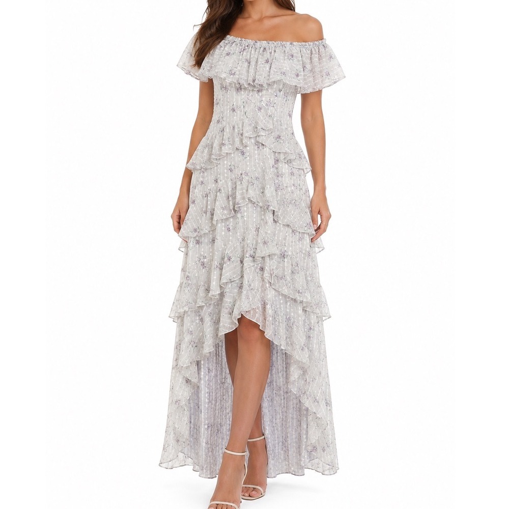 Badgley Mischka Lace Tiered High Low Off Shoulder Gown White Lilac NWT‎ 8